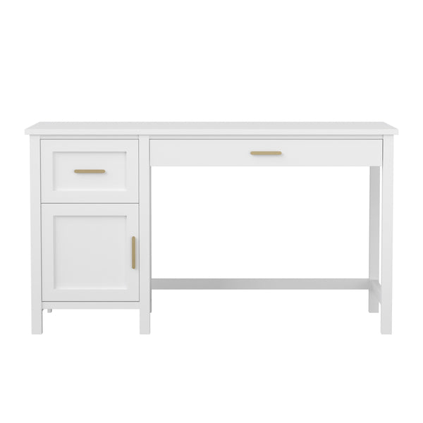 White Frame/Polished Brass Hardware |#| White Shaker Style Home Office Desk with Storage and Polished Brass Hardware