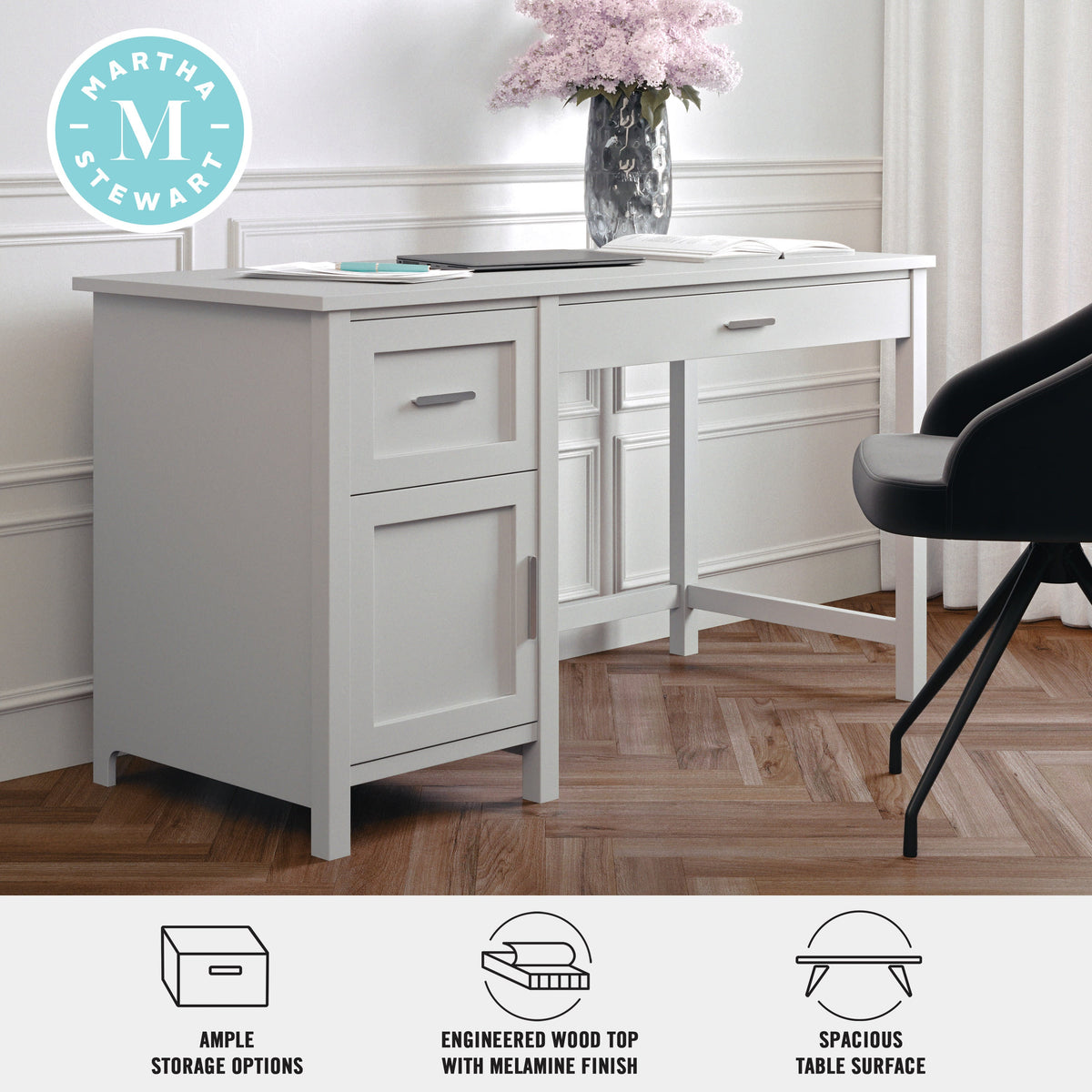 Gray Frame/Brushed Nickel Hardware |#| Gray Shaker Style Home Office Desk with Storage and Brushed Nickel Hardware