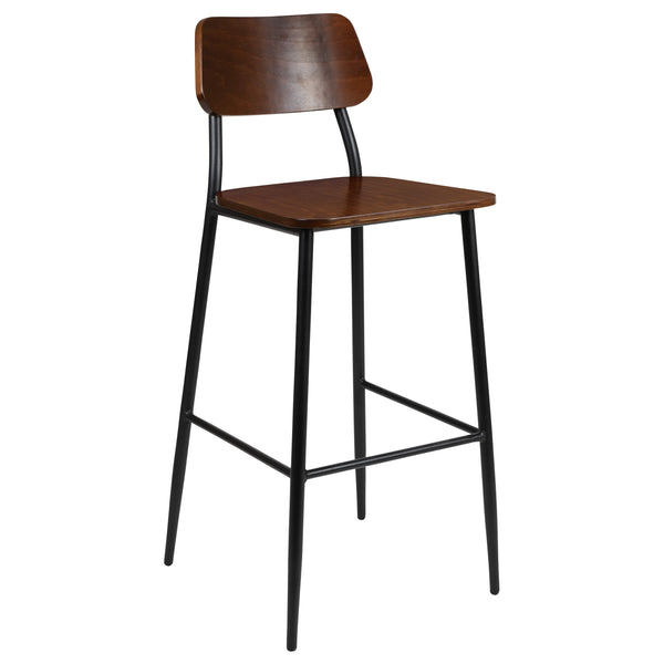 Industrial Barstool with Gunmetal Steel Frame and Rustic Wood Seat