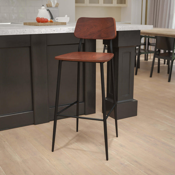 Industrial Barstool with Gunmetal Steel Frame and Rustic Wood Seat