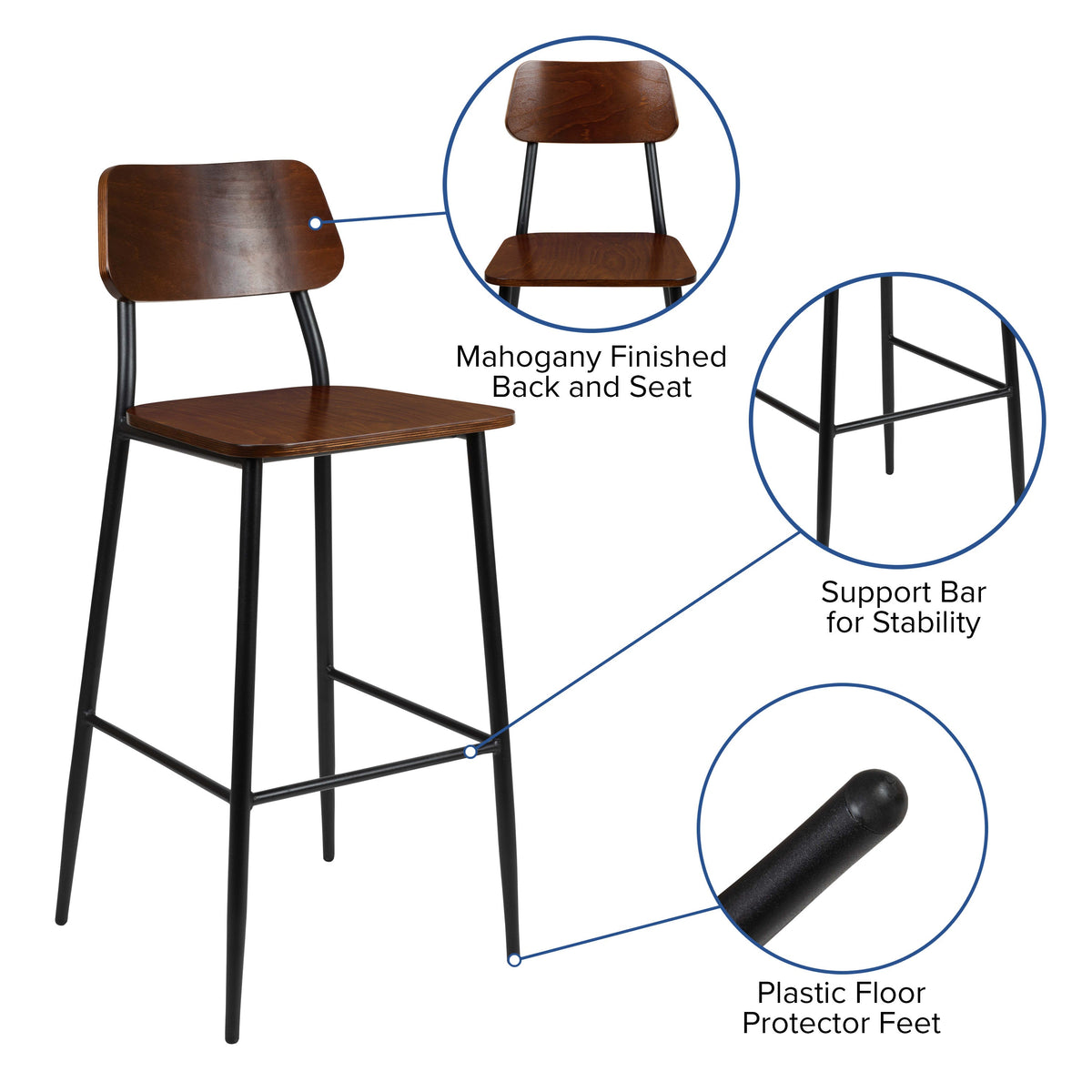 Industrial Barstool with Gunmetal Steel Frame and Rustic Wood Seat