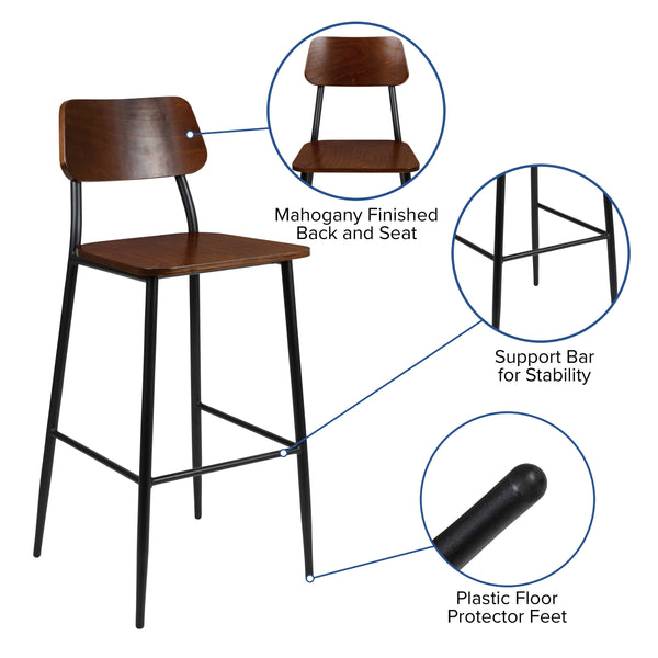 Industrial Barstool with Gunmetal Steel Frame and Rustic Wood Seat