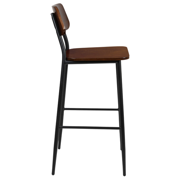 Industrial Barstool with Gunmetal Steel Frame and Rustic Wood Seat