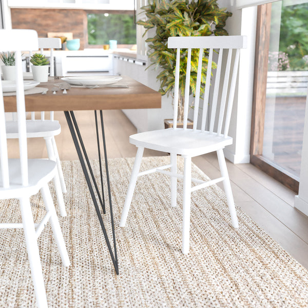 White |#| Windsor Style Commercial Solid Wood Spindle Back Dining Chairs in White-Set of 2