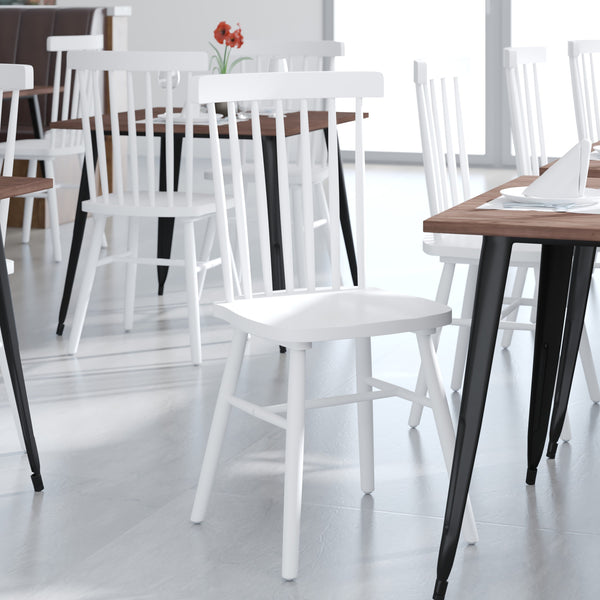 White |#| Windsor Style Commercial Solid Wood Spindle Back Dining Chairs in White-Set of 2