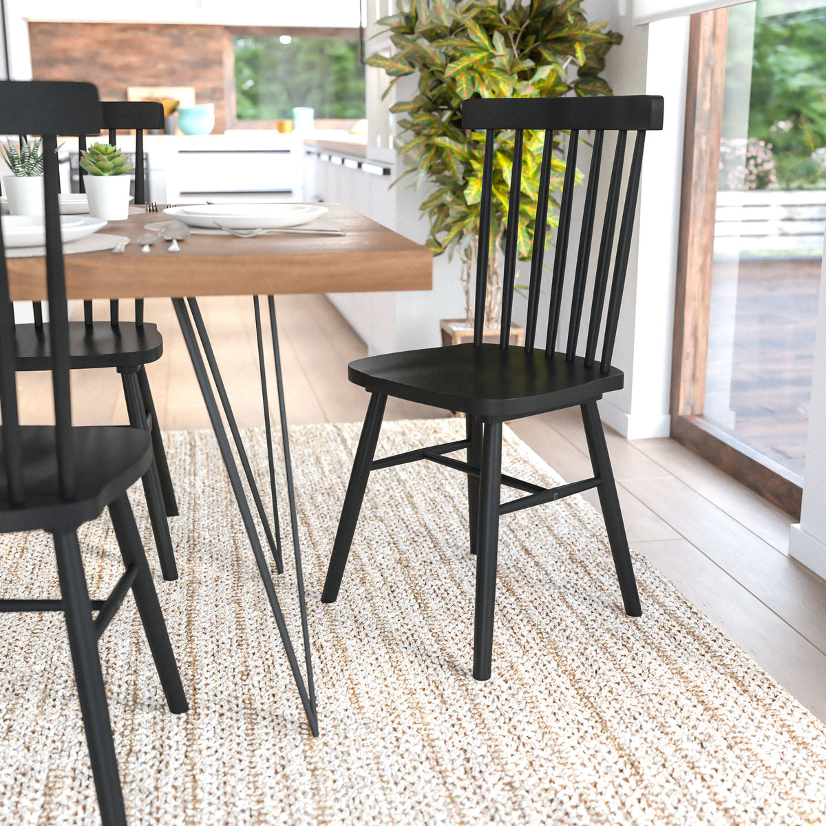 Black |#| Windsor Style Commercial Solid Wood Spindle Back Dining Chairs in Black-Set of 2