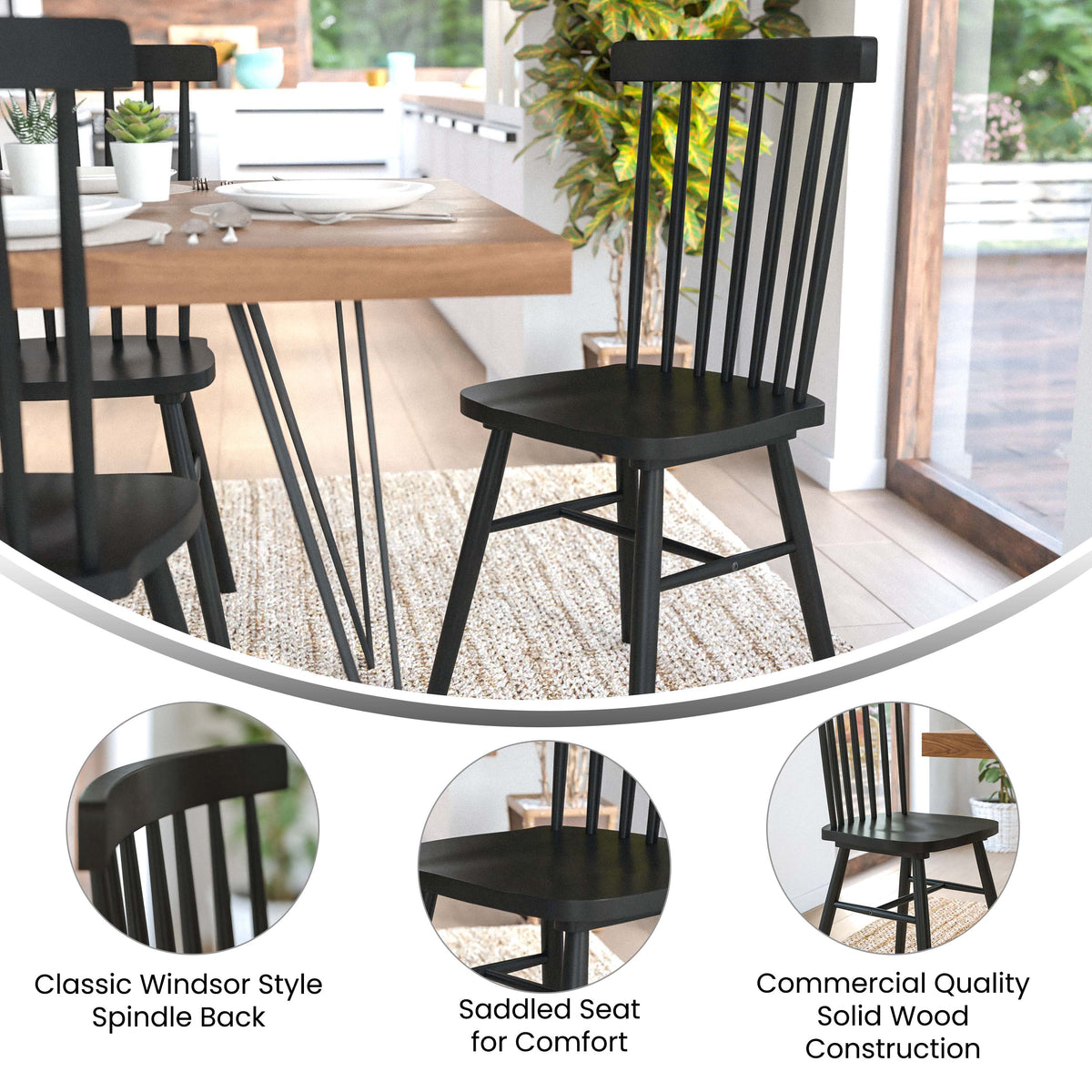 Black |#| Windsor Style Commercial Solid Wood Spindle Back Dining Chairs in Black-Set of 2