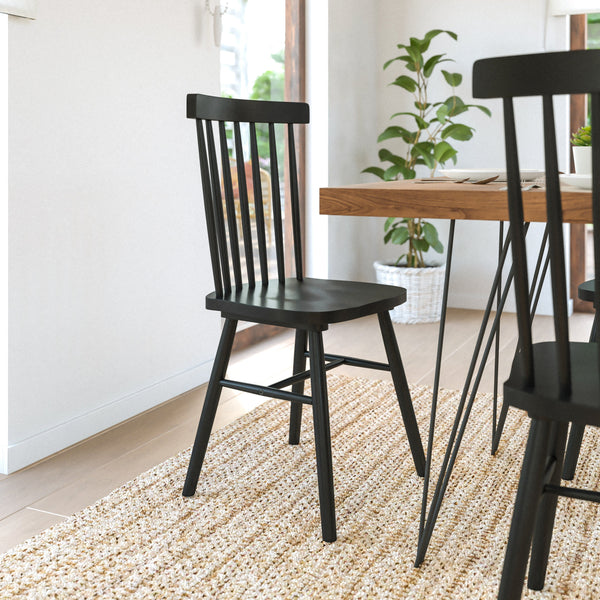 Black |#| Windsor Style Commercial Solid Wood Spindle Back Dining Chairs in Black-Set of 2