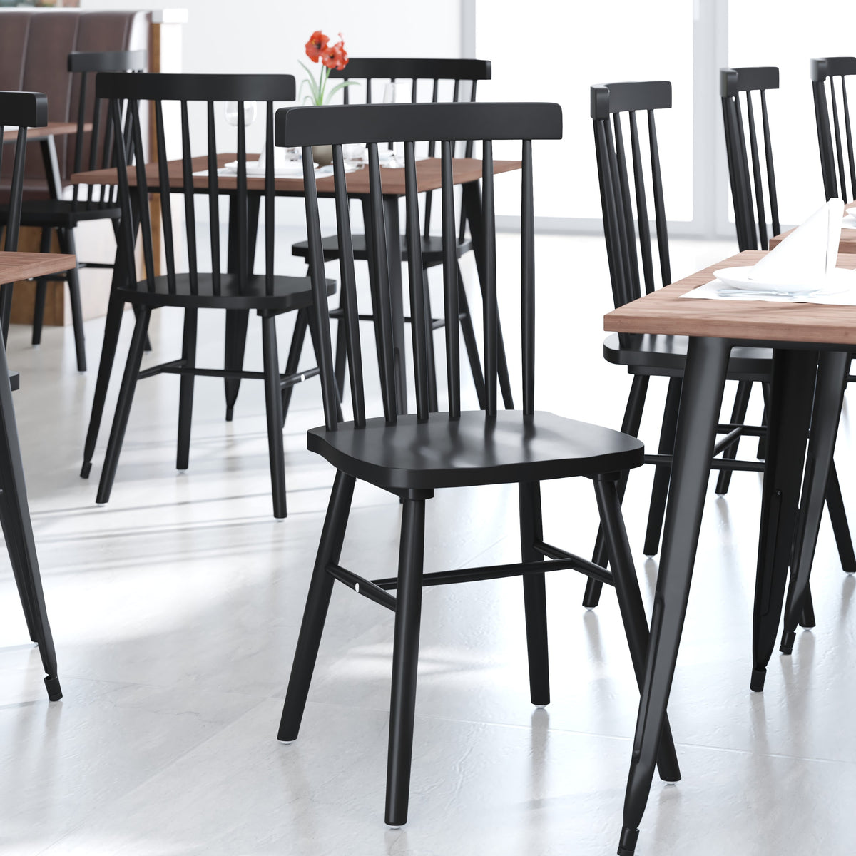 Black |#| Windsor Style Commercial Solid Wood Spindle Back Dining Chairs in Black-Set of 2