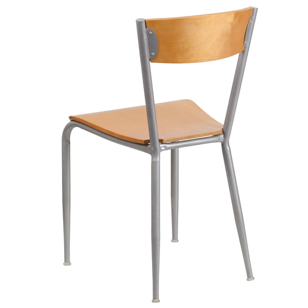 Silver Metal Restaurant Chair - Natural Wood Back & Seat