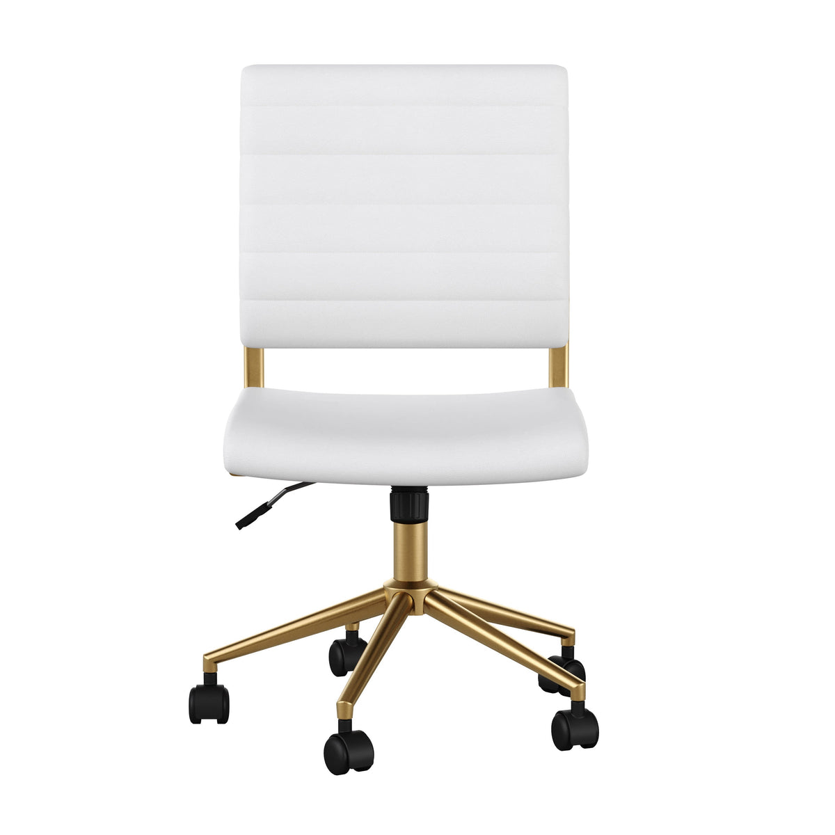 White Faux Leather/Polished Brass |#| Ribbed Faux Leather Armless Swivel Home Office Chair - White/Polished Brass