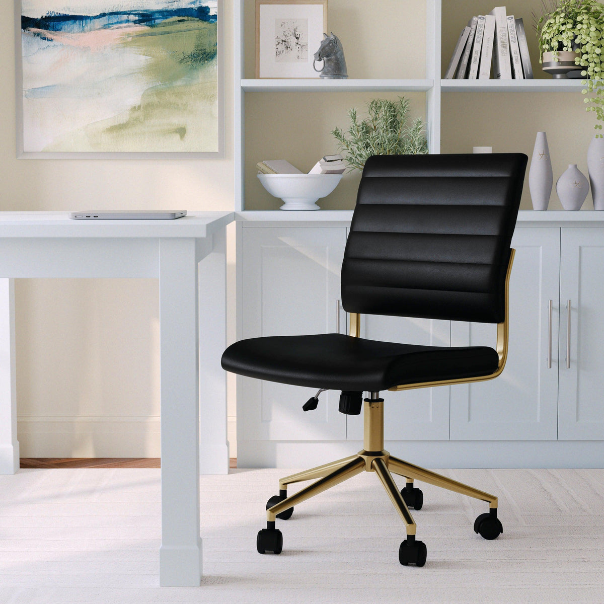 Black Faux Leather/Polished Brass |#| Ribbed Faux Leather Armless Swivel Home Office Chair - Black/Polished Brass