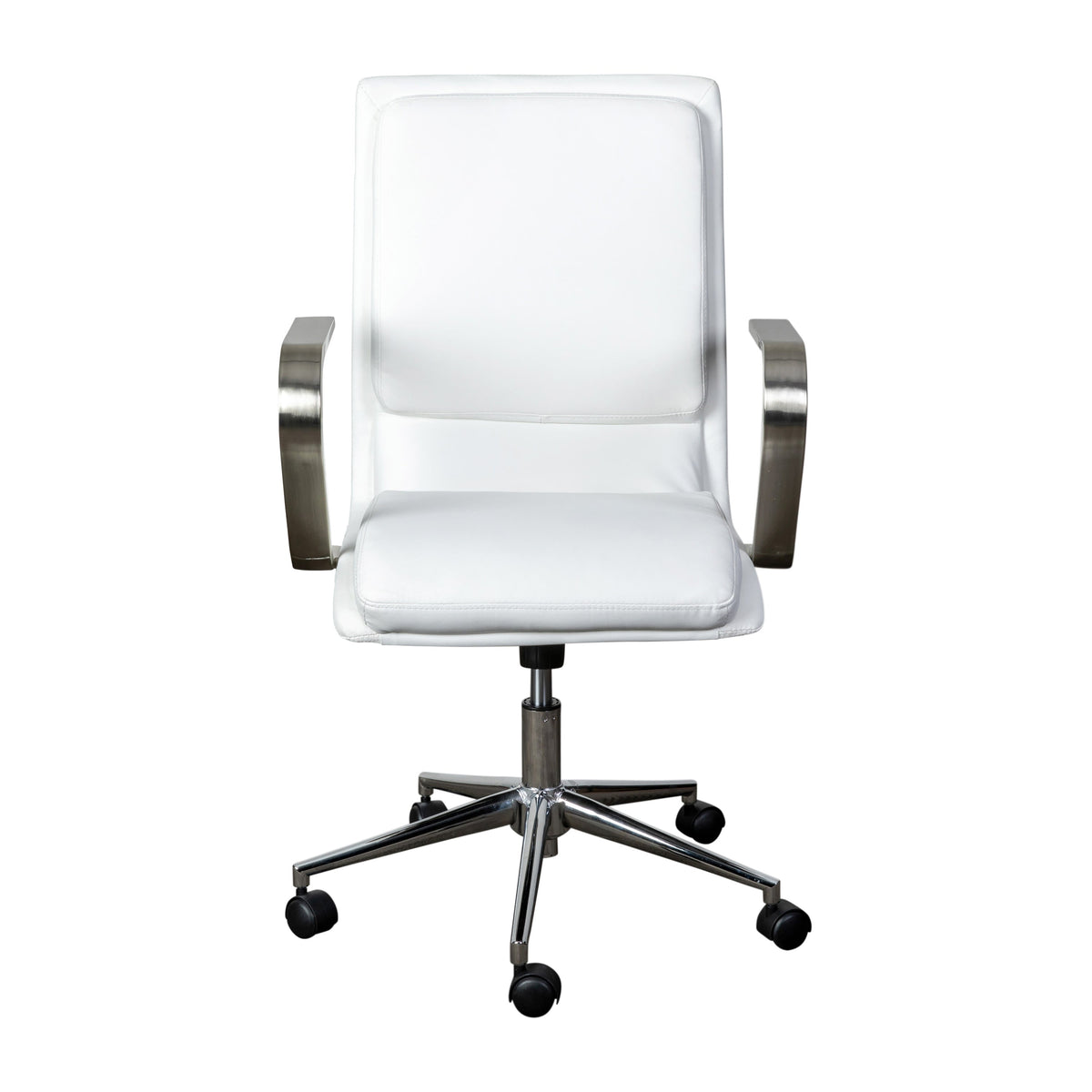 White LeatherSoft/Chrome Frame |#| Designer Executive Swivel Office Chair with Brushed Chrome Arms and Base, White