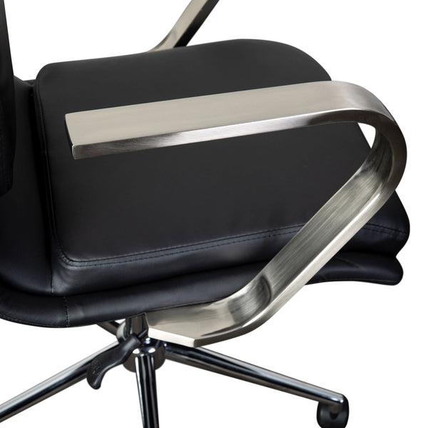 Black LeatherSoft/Chrome Frame |#| Designer Executive Swivel Office Chair with Brushed Chrome Arms and Base, Black