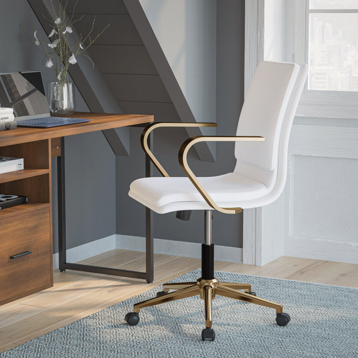 White LeatherSoft/Gold Frame |#| Designer Executive Swivel Office Chair with Brushed Gold Arms and Base, White