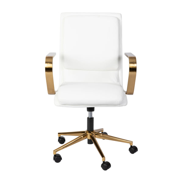 White LeatherSoft/Gold Frame |#| Designer Executive Swivel Office Chair with Brushed Gold Arms and Base, White