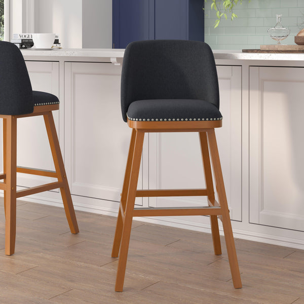 Charcoal Faux Linen |#| 2 Pack Commercial Walnut Finish Wood Barstools - Nail Trim-Charcoal Faux Linen
