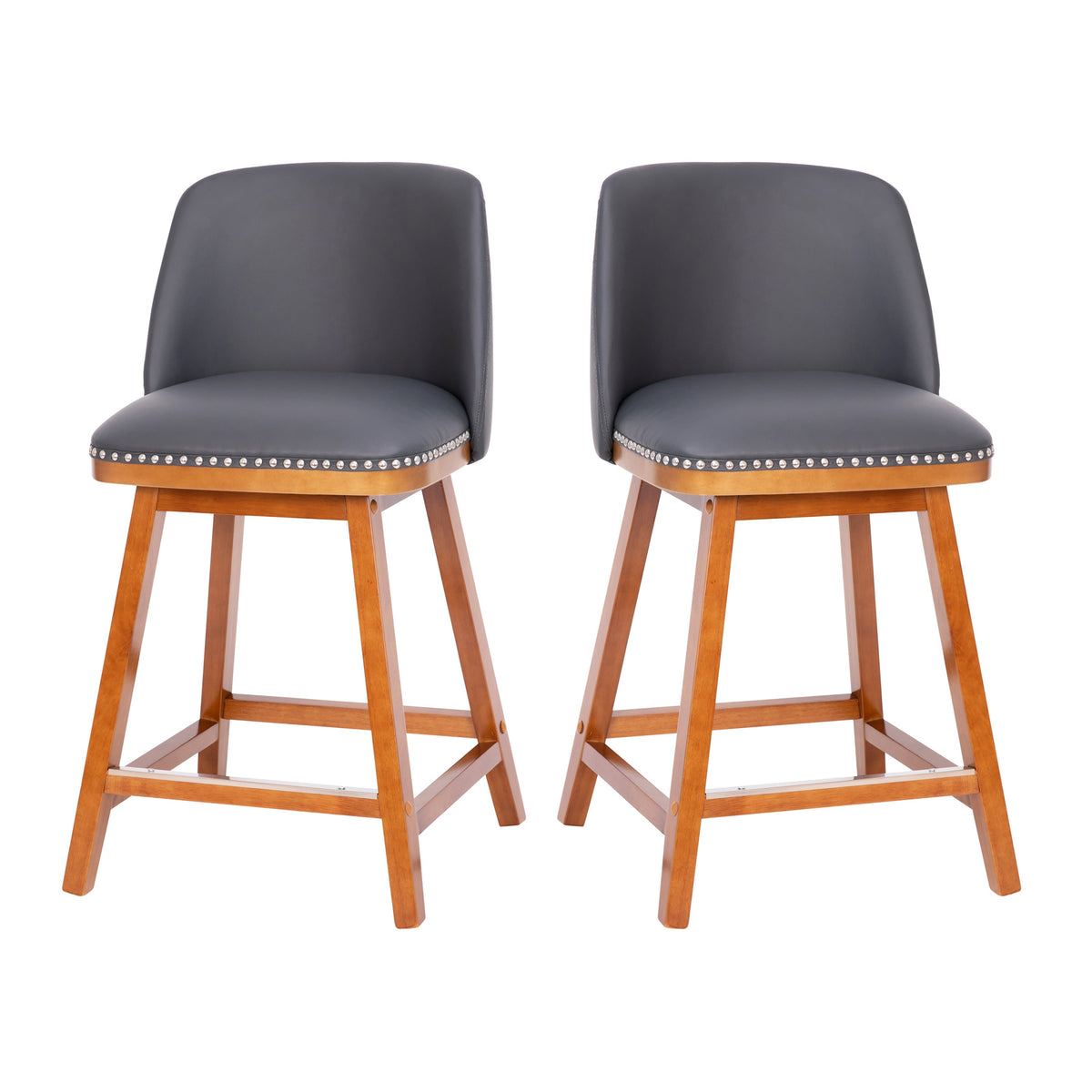 Gray LeatherSoft |#| 2 PK Commercial Walnut Finish Wood Counter Stools - Nail Trim-Gray LeatherSoft
