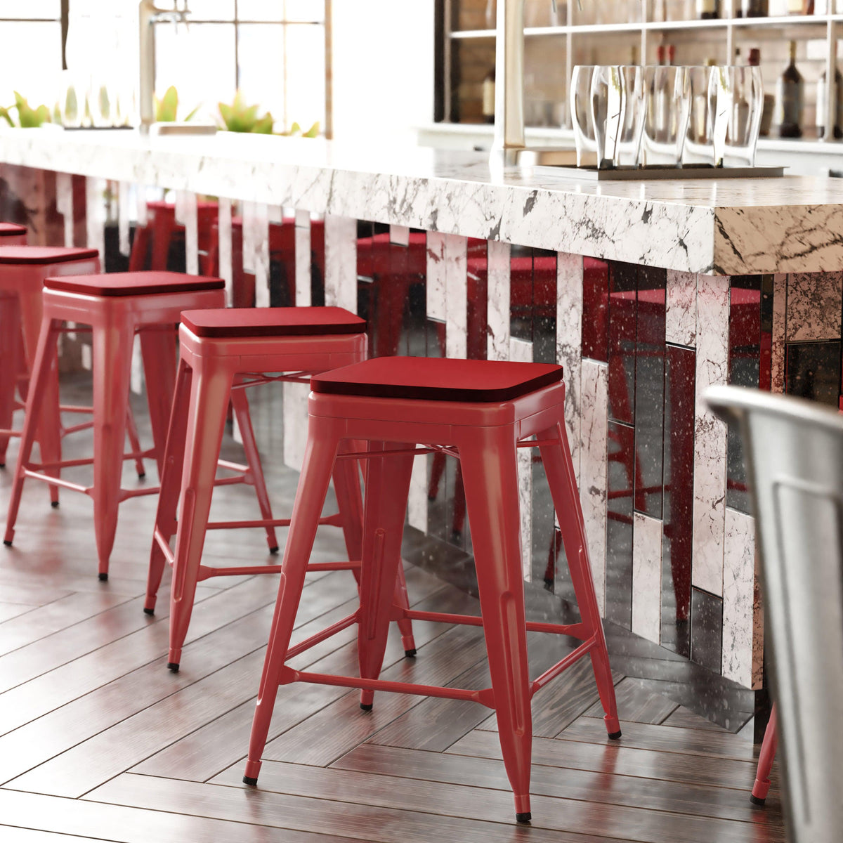 Red/Red |#| Indoor/Outdoor Backless Counter Stool with Poly Seat - Red/Red