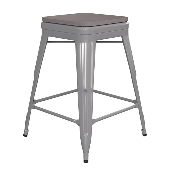 Silver/Gray |#| Indoor/Outdoor Backless Counter Stool with Poly Seat - Silver/Gray