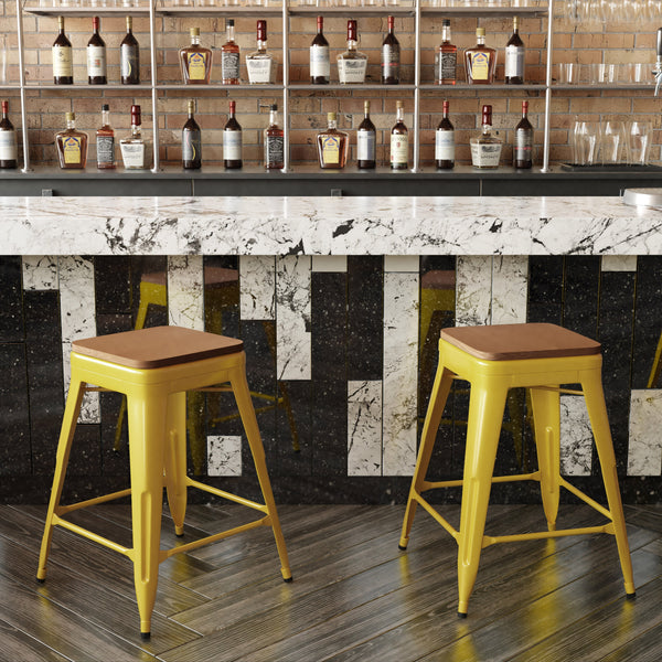 Yellow/Teak |#| Indoor/Outdoor Backless Counter Stool with Poly Seat - Yellow/Teak