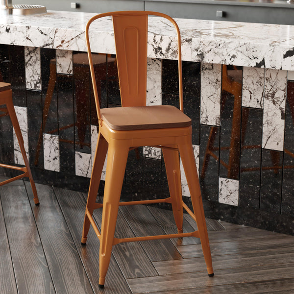 Orange/Teak |#| All-Weather Commercial Counter Stool with Removable Back/Poly Seat-Orange/Teak