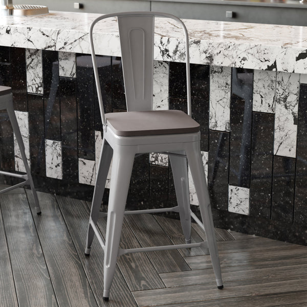 Silver/Gray |#| All-Weather Commercial Counter Stool with Removable Back/Poly Seat-Silver/Gray