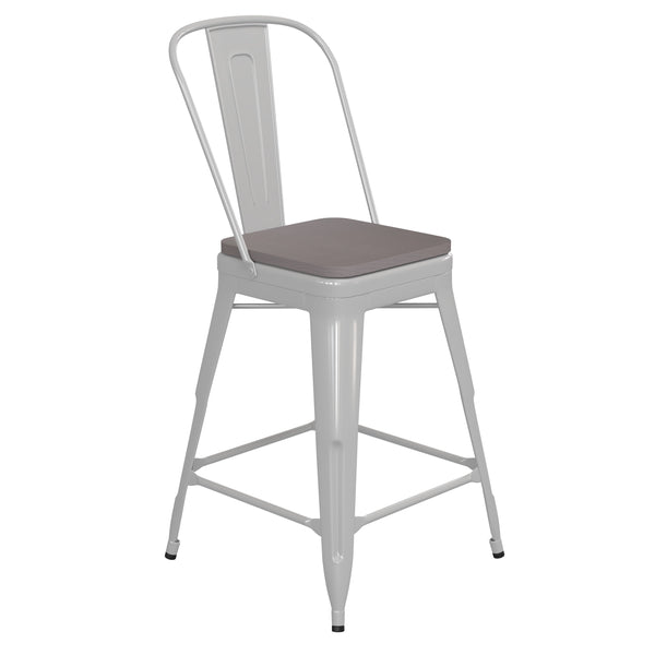 White/Gray |#| All-Weather Commercial Counter Stool with Removable Back/Poly Seat-White/Gray