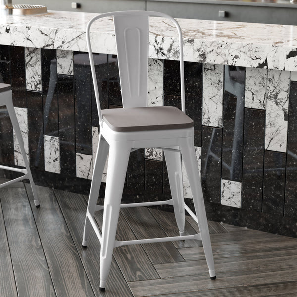 White/Gray |#| All-Weather Commercial Counter Stool with Removable Back/Poly Seat-White/Gray