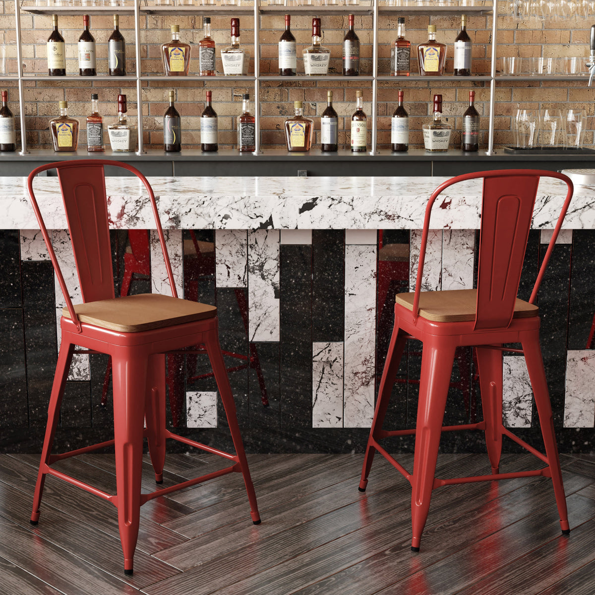 Red/Teak |#| All-Weather Commercial Counter Stool with Removable Back/Poly Seat-Red/Teak