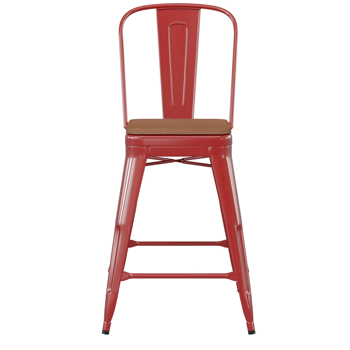 Red/Teak |#| All-Weather Commercial Counter Stool with Removable Back/Poly Seat-Red/Teak