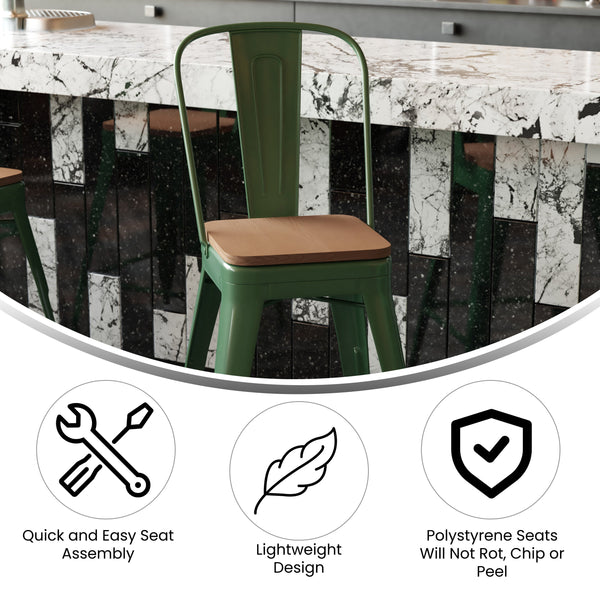 Green/Teak |#| All-Weather Commercial Counter Stool with Removable Back/Poly Seat-Green/Teak