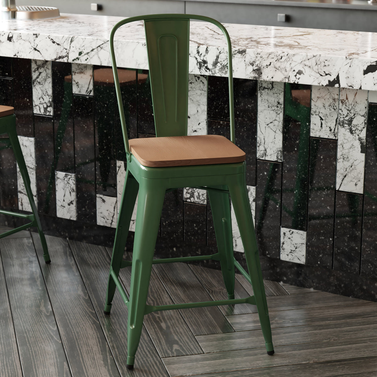 Green/Teak |#| All-Weather Commercial Counter Stool with Removable Back/Poly Seat-Green/Teak