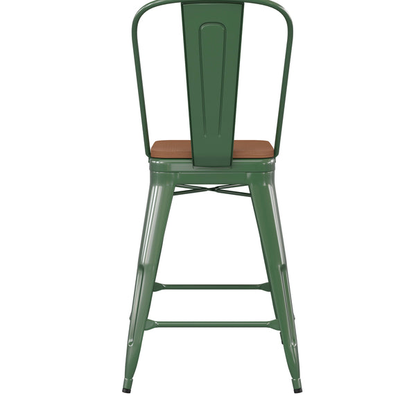 Green/Teak |#| All-Weather Commercial Counter Stool with Removable Back/Poly Seat-Green/Teak