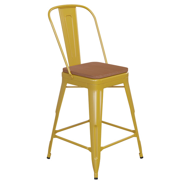 Yellow/Teak |#| All-Weather Commercial Counter Stool with Removable Back/Poly Seat-Yellow/Teak