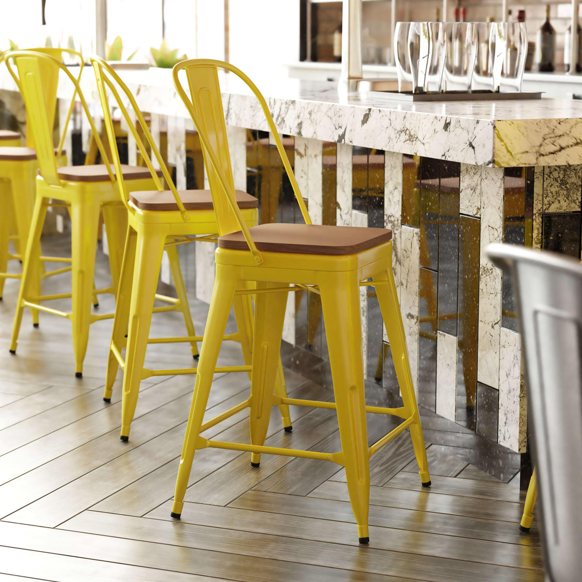 Yellow/Teak |#| All-Weather Commercial Counter Stool with Removable Back/Poly Seat-Yellow/Teak