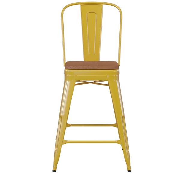 Yellow/Teak |#| All-Weather Commercial Counter Stool with Removable Back/Poly Seat-Yellow/Teak