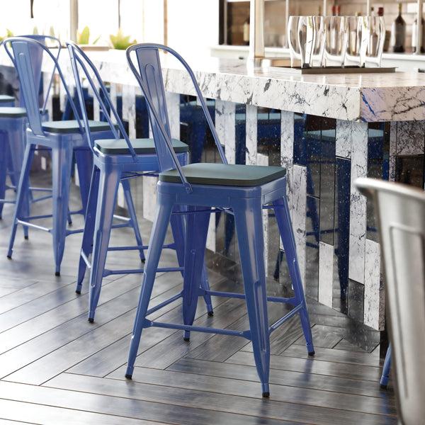 Blue/Teal-Blue |#| All-Weather Commercial Counter Stool with Removable Back/Poly Seat-Blue/Teal