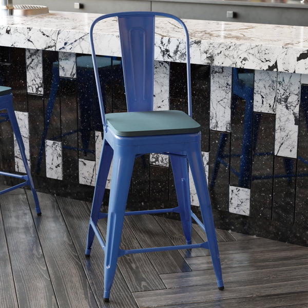 Blue/Teal-Blue |#| All-Weather Commercial Counter Stool with Removable Back/Poly Seat-Blue/Teal