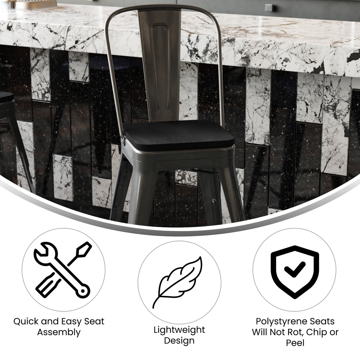 Black/Black |#| All-Weather Commercial Counter Stool with Removable Back/Poly Seat-Black/Black