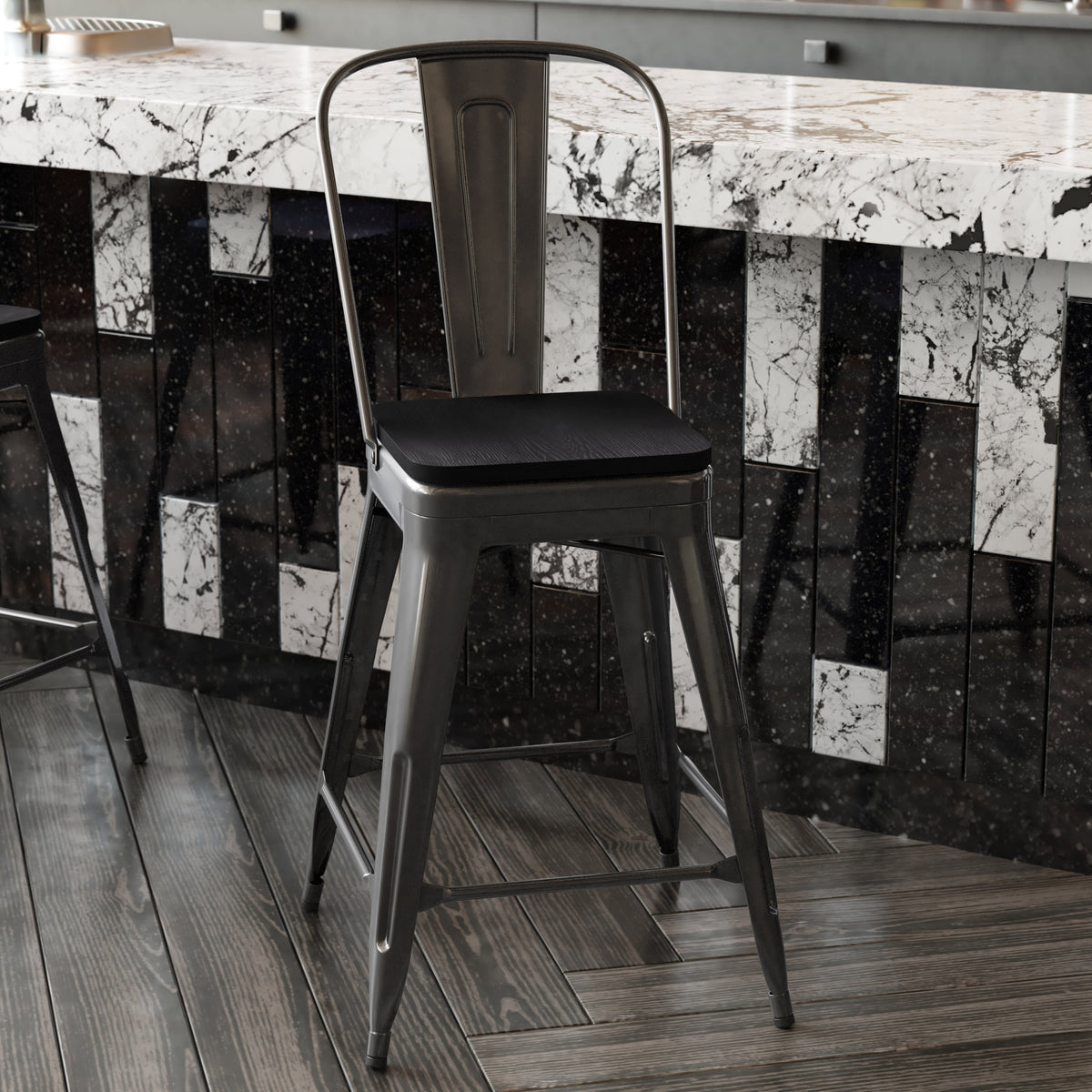 Black/Black |#| All-Weather Commercial Counter Stool with Removable Back/Poly Seat-Black/Black