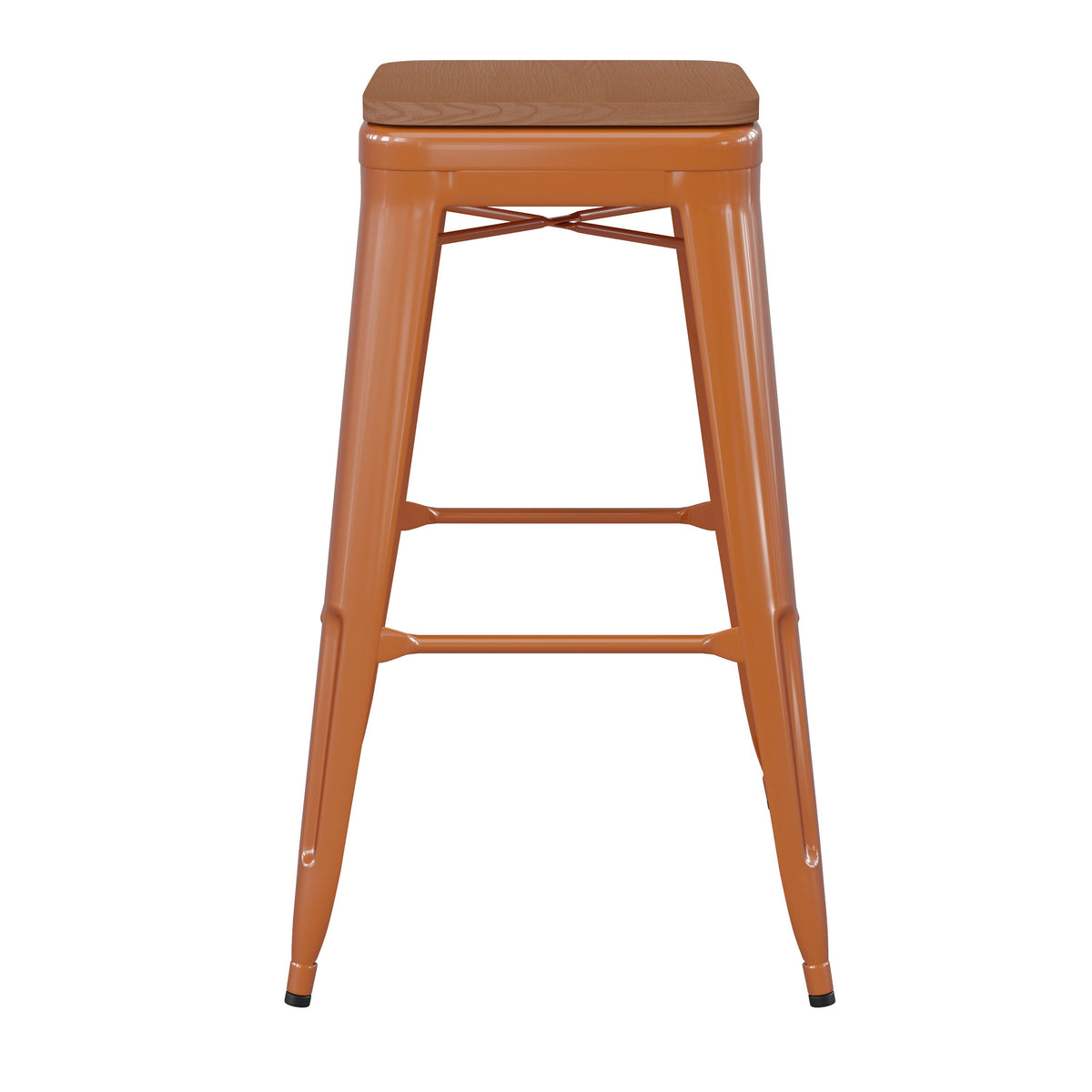 Orange/Teak |#| Indoor/Outdoor Backless Bar Stool with Poly Seat - Orange/Teak