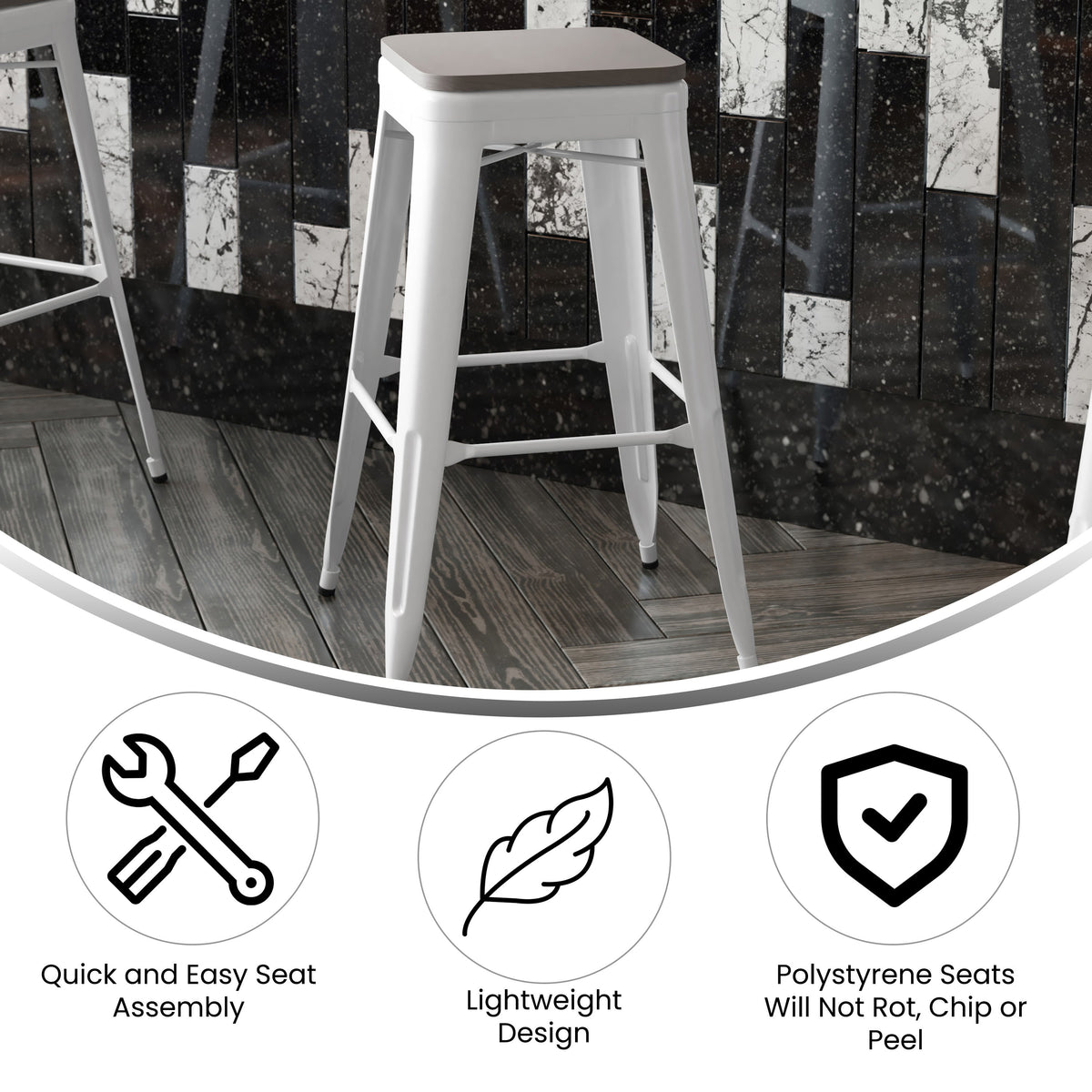 White/Gray |#| Indoor/Outdoor Backless Bar Stool with Poly Seat - White/Gray