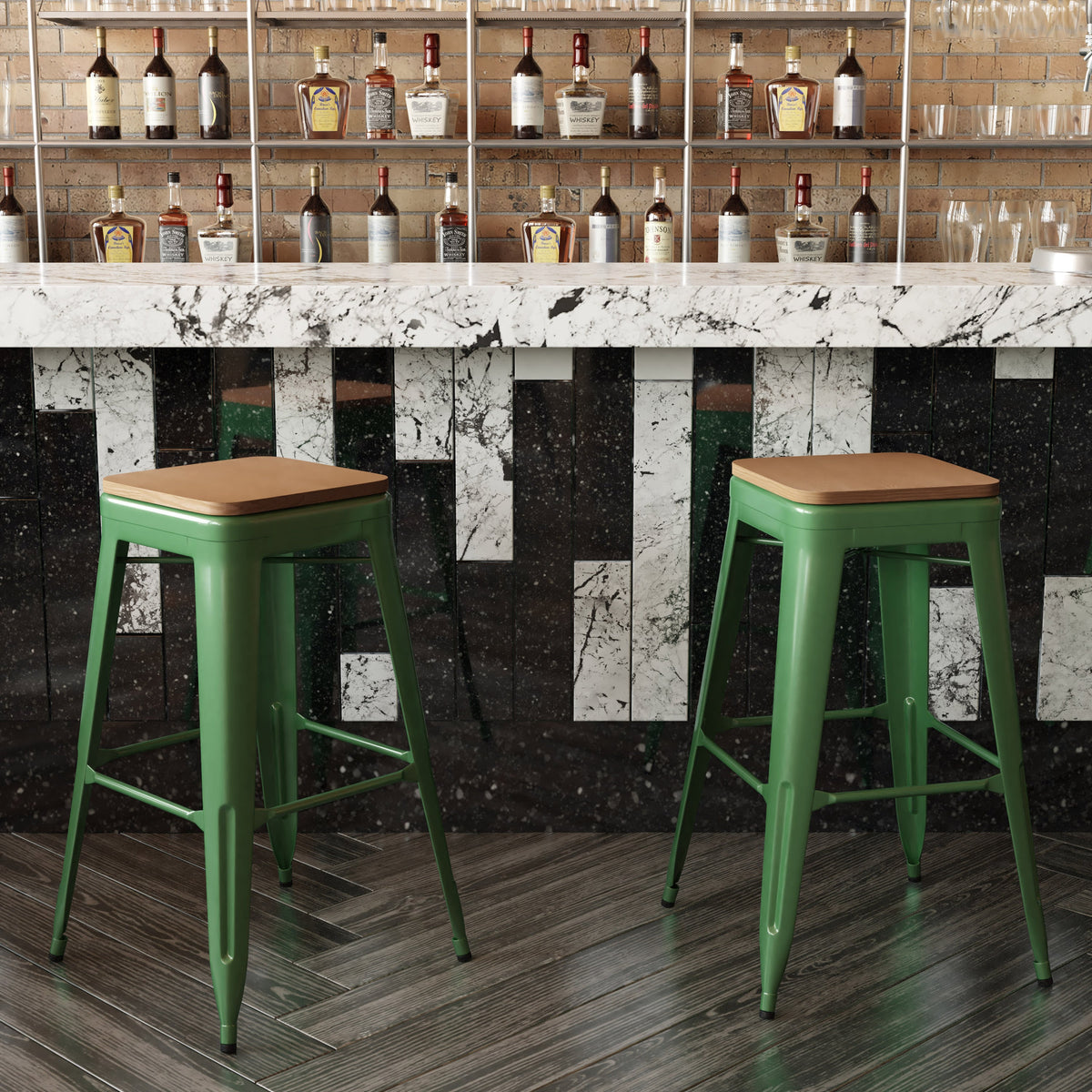 Green/Teak |#| Indoor/Outdoor Backless Bar Stool with Poly Seat - Green/Teak