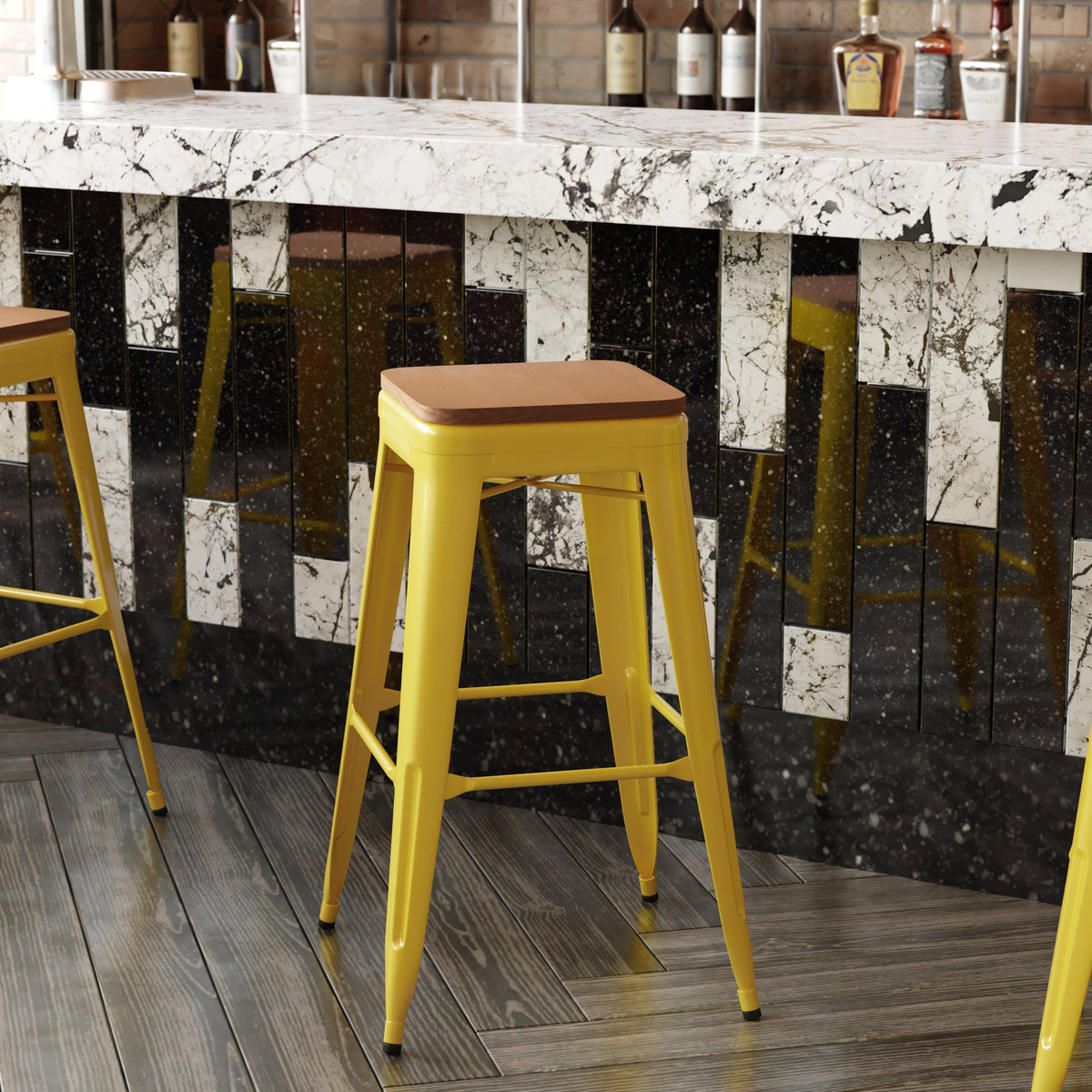 Yellow/Teak |#| Indoor/Outdoor Backless Bar Stool with Poly Seat - Yellow/Teak
