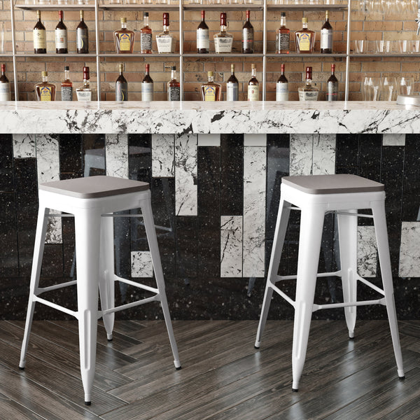 White/Gray |#| Indoor/Outdoor Backless Bar Stool with Poly Seat - White/Gray