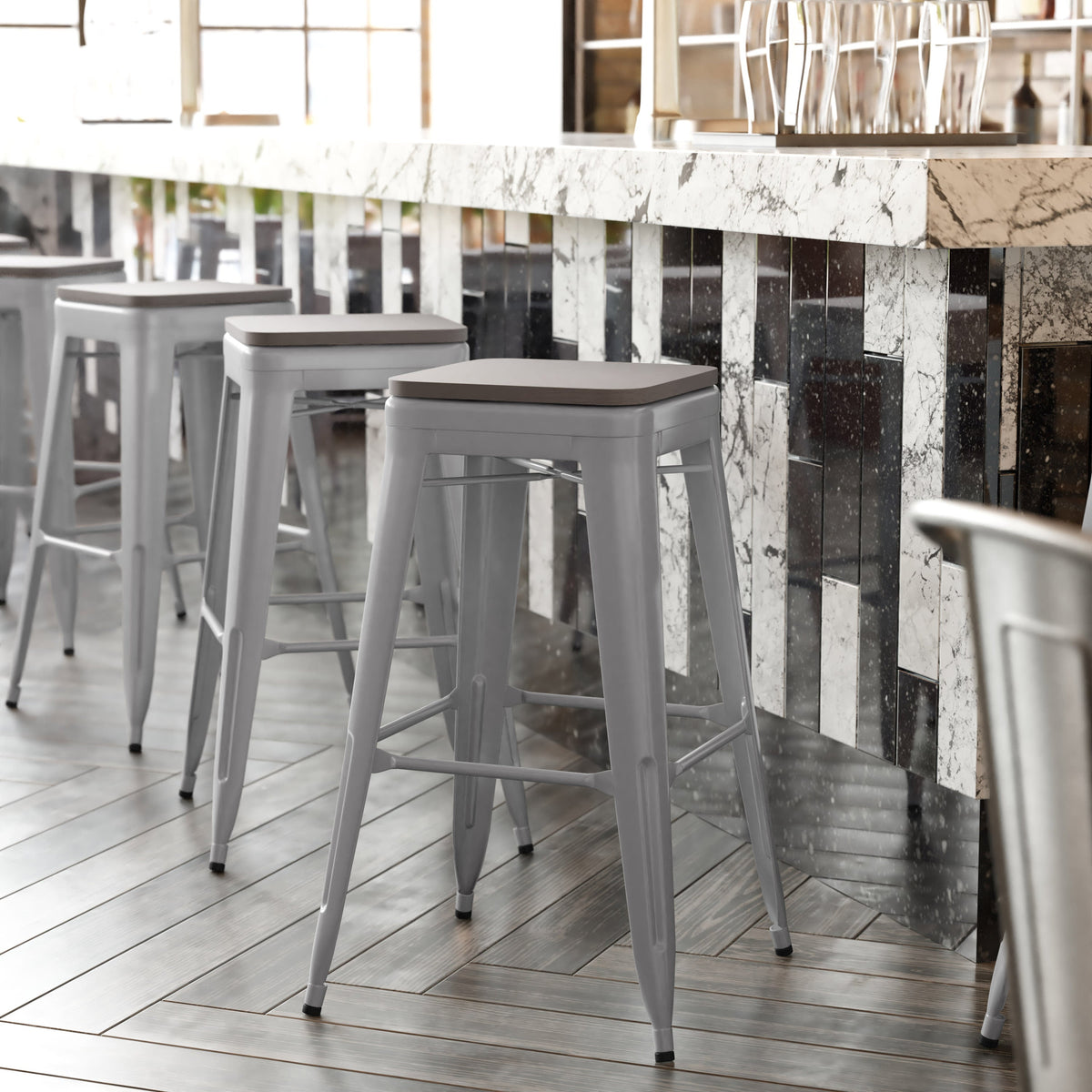 Silver/Gray |#| Indoor/Outdoor Backless Bar Stool with Poly Seat - Silver/Gray