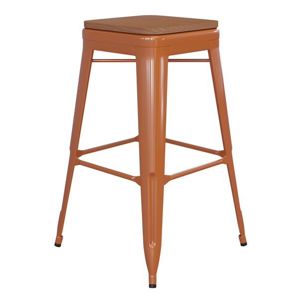 Orange/Teak |#| Indoor/Outdoor Backless Bar Stool with Poly Seat - Orange/Teak