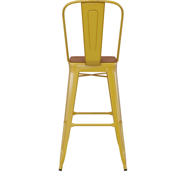 Yellow/Teak |#| All-Weather Commercial Bar Stool with Removable Back/Poly Seat-Yellow/Teak