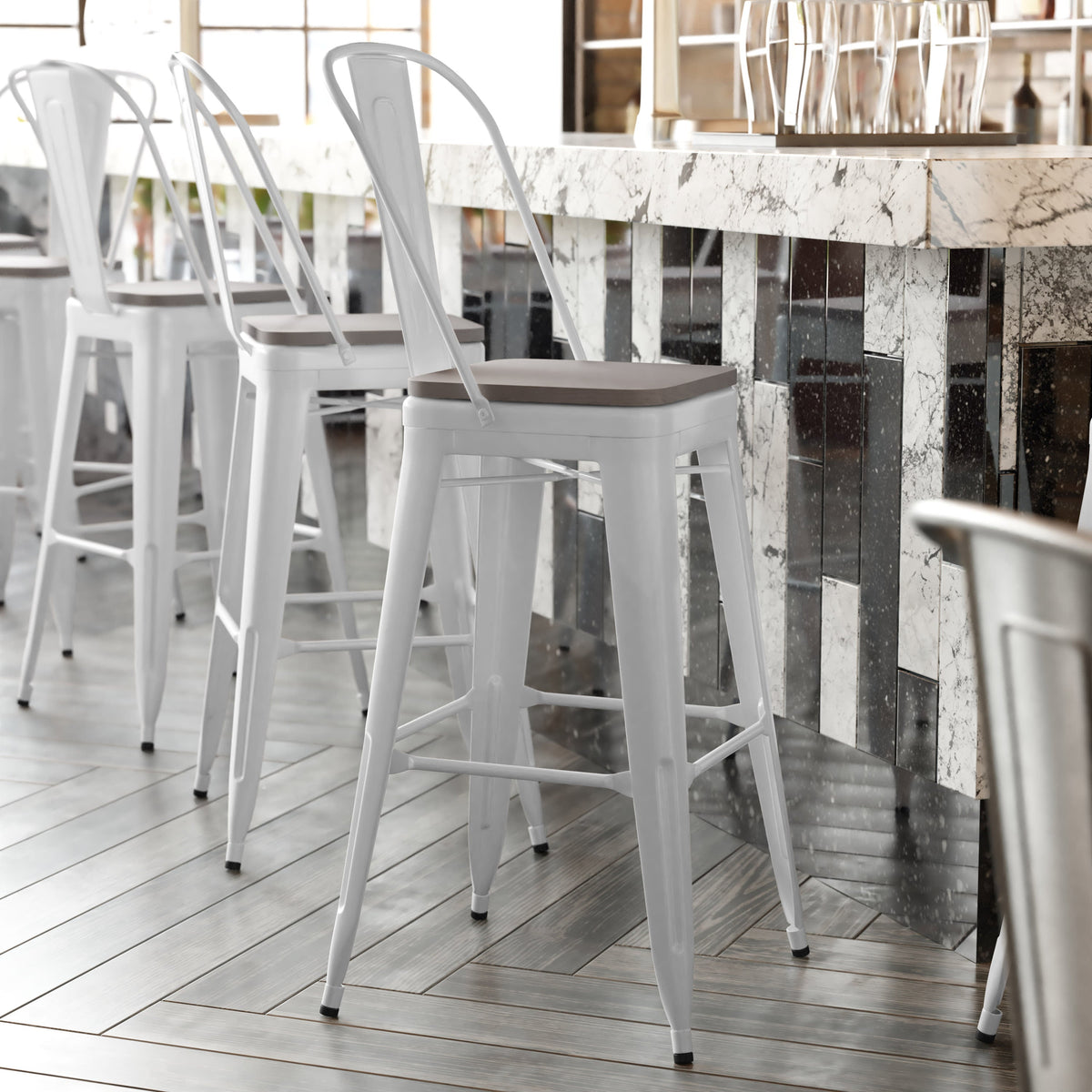 White/Gray |#| All-Weather Commercial Bar Stool with Removable Back/Poly Seat-White/Gray